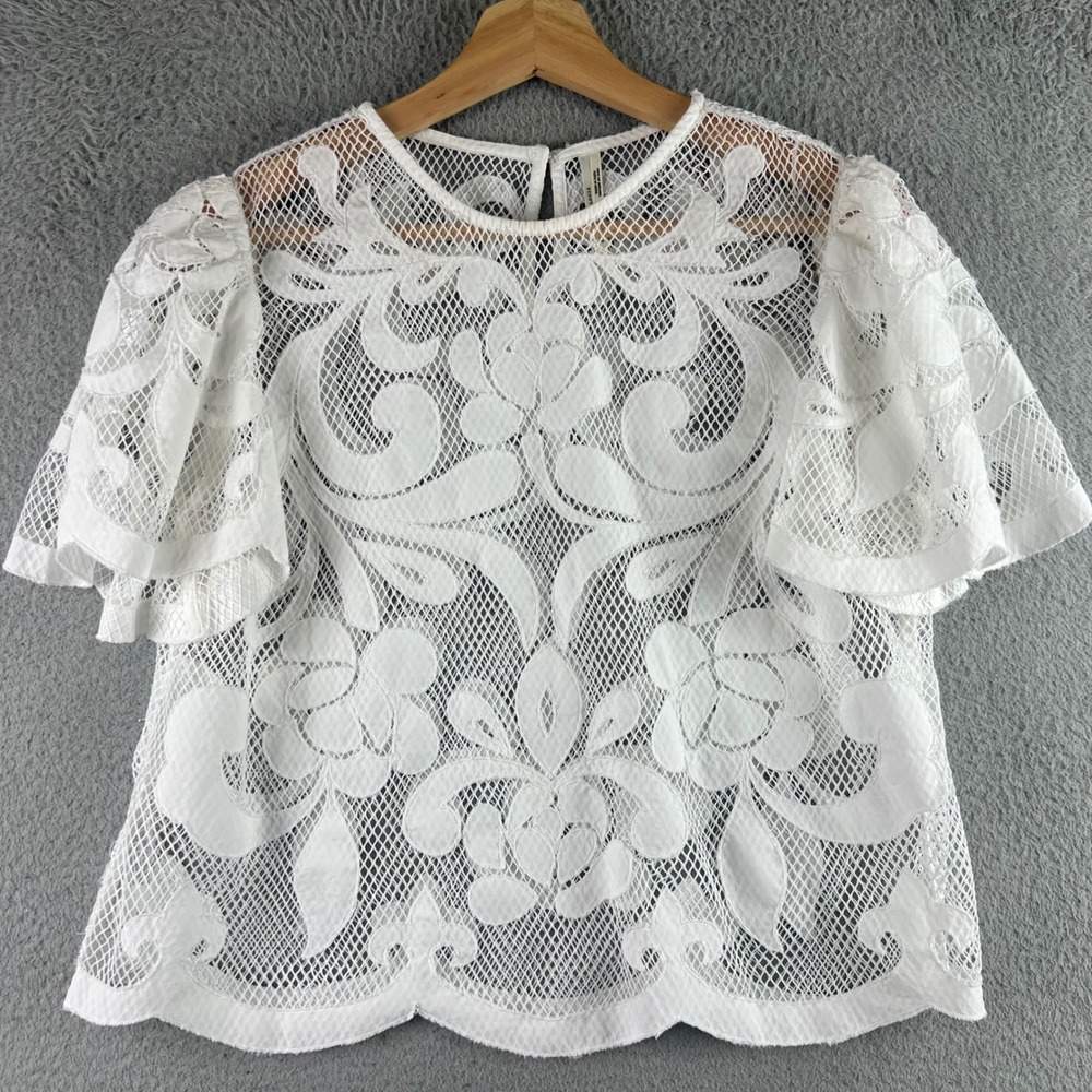 Anthropologie White Lace Mesh Floral Scalloped Hem Blouse Top Small